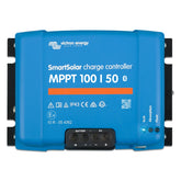 Victron Energy SmartSolar MPPT 100/50 charge controller with Bluetooth, showing front view with LED indicators and connection terminals for battery and solar panel inputs